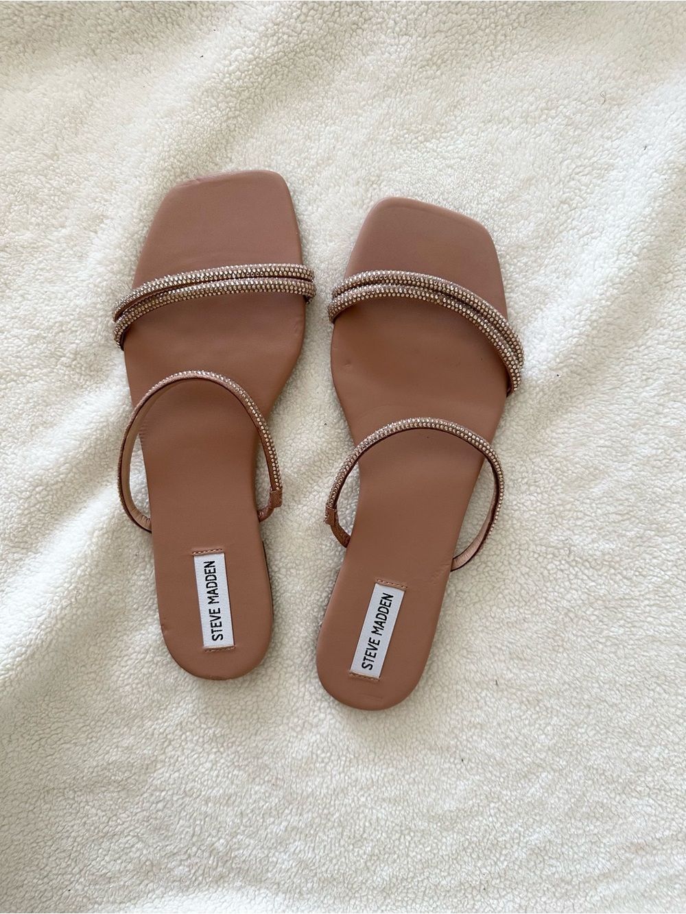Steve Madden Tan Rhinestone-Strap Square-Toe Slide Sandals